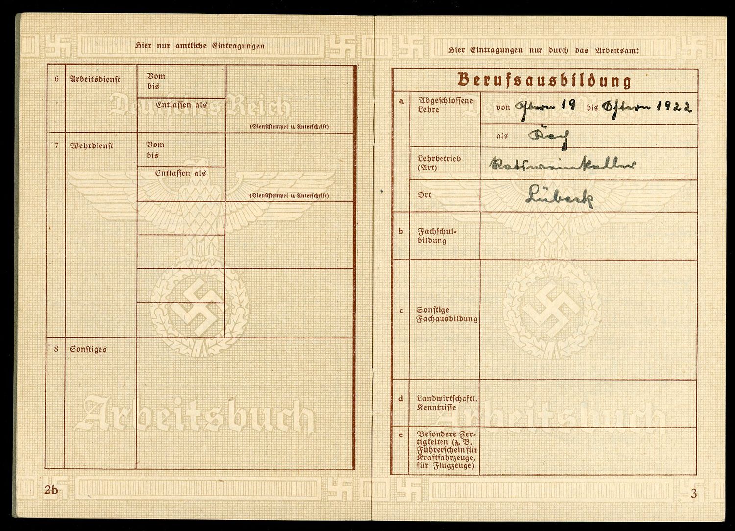 FACEBOOK AUCTION - German Third Reich Arbeitsbuch For Ewald Dietrich, 2nd Pattern - Hotel and Fliegerhorst Jobs WW2