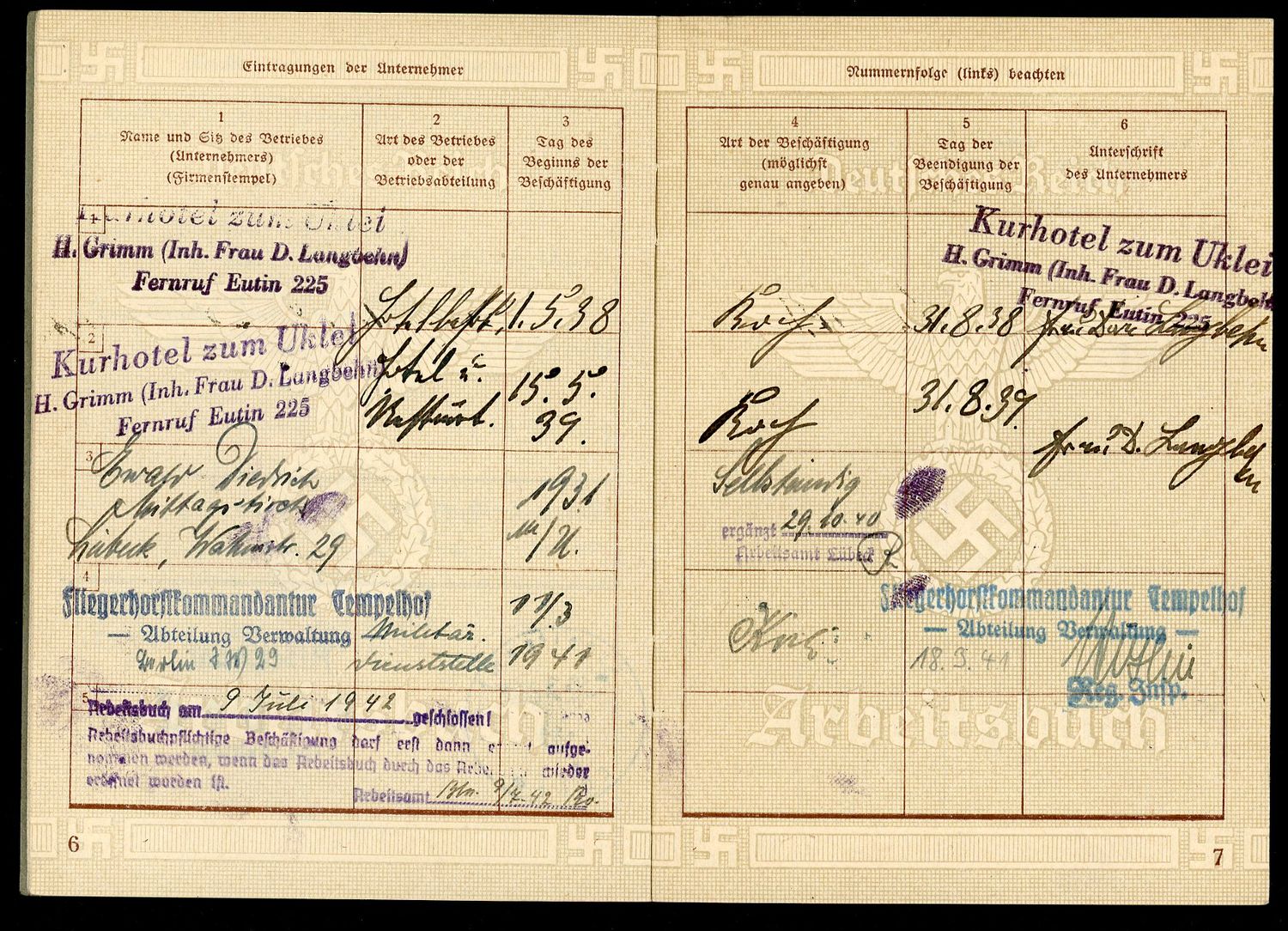 FACEBOOK AUCTION - German Third Reich Arbeitsbuch For Ewald Dietrich, 2nd Pattern - Hotel and Fliegerhorst Jobs WW2