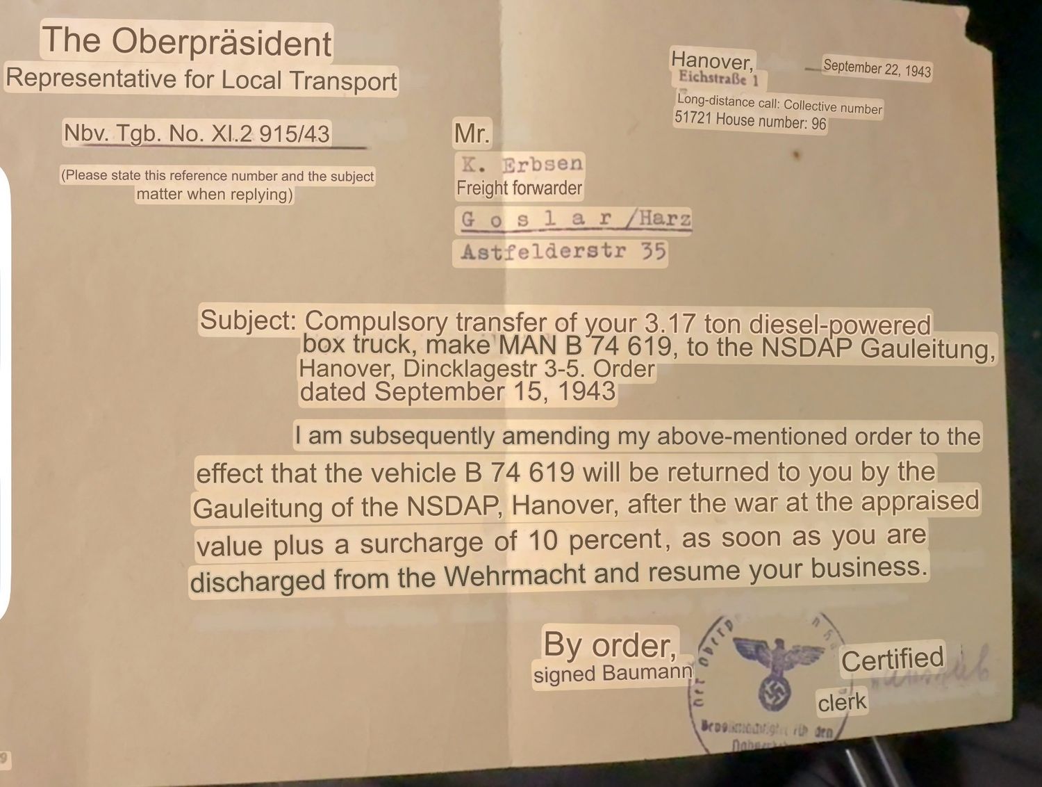FACEBOOK AUCTION - German WW2 NSDAP Letter For Compulsory Transfer of Civilian Truck To The NSDAP Gauleitung Hanover And Given Back After The War!