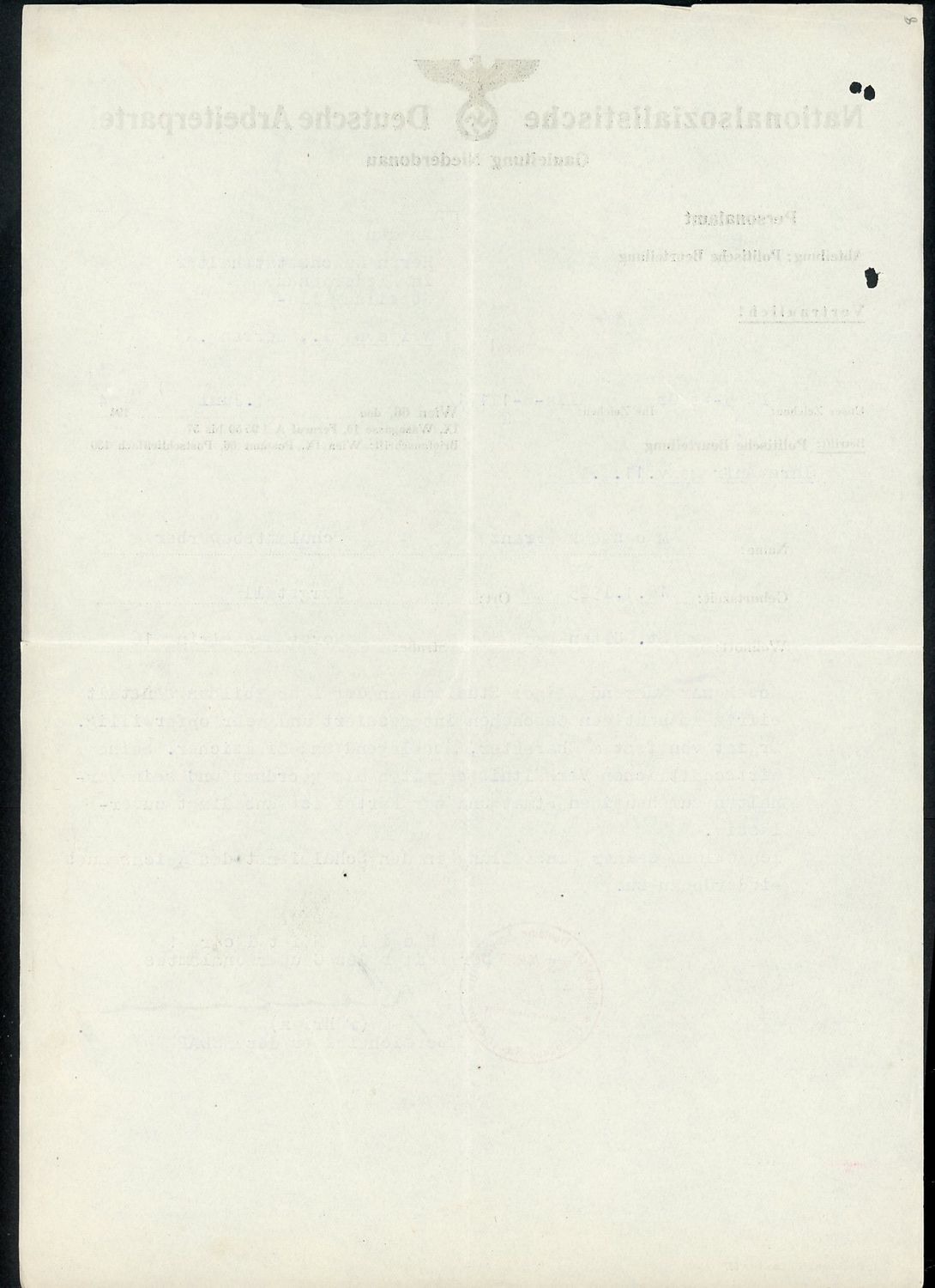 FACEBOOK AUCTION - German NSDAP Official Document - Political Assessment For Teacher - Gauleitung Niederdonau 1944