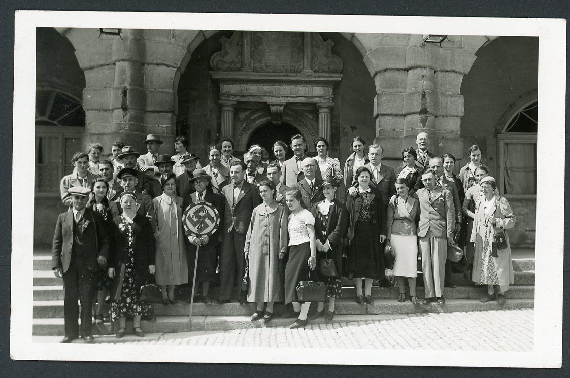 FACEBOOK AUCTION - German Photo KDF Passengers with Round Metal Sign with Large Swaz and Kraft Durch Freude 4, Third Reich