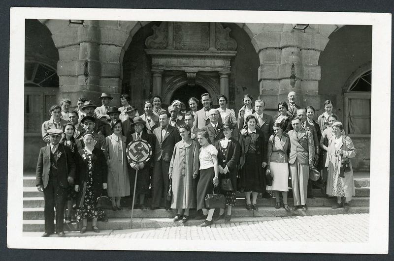 German Photo KDF Passengers with Round Metal Sign with Large Swaz and Kraft Durch Freude 4, Third Reich