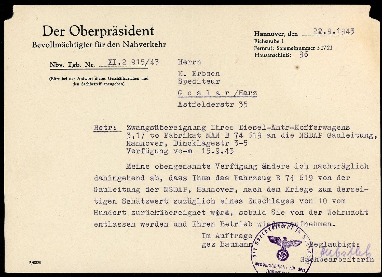 FACEBOOK AUCTION - German WW2 NSDAP Letter For Compulsory Transfer of Civilian Truck To The NSDAP Gauleitung Hanover And Given Back After The War!