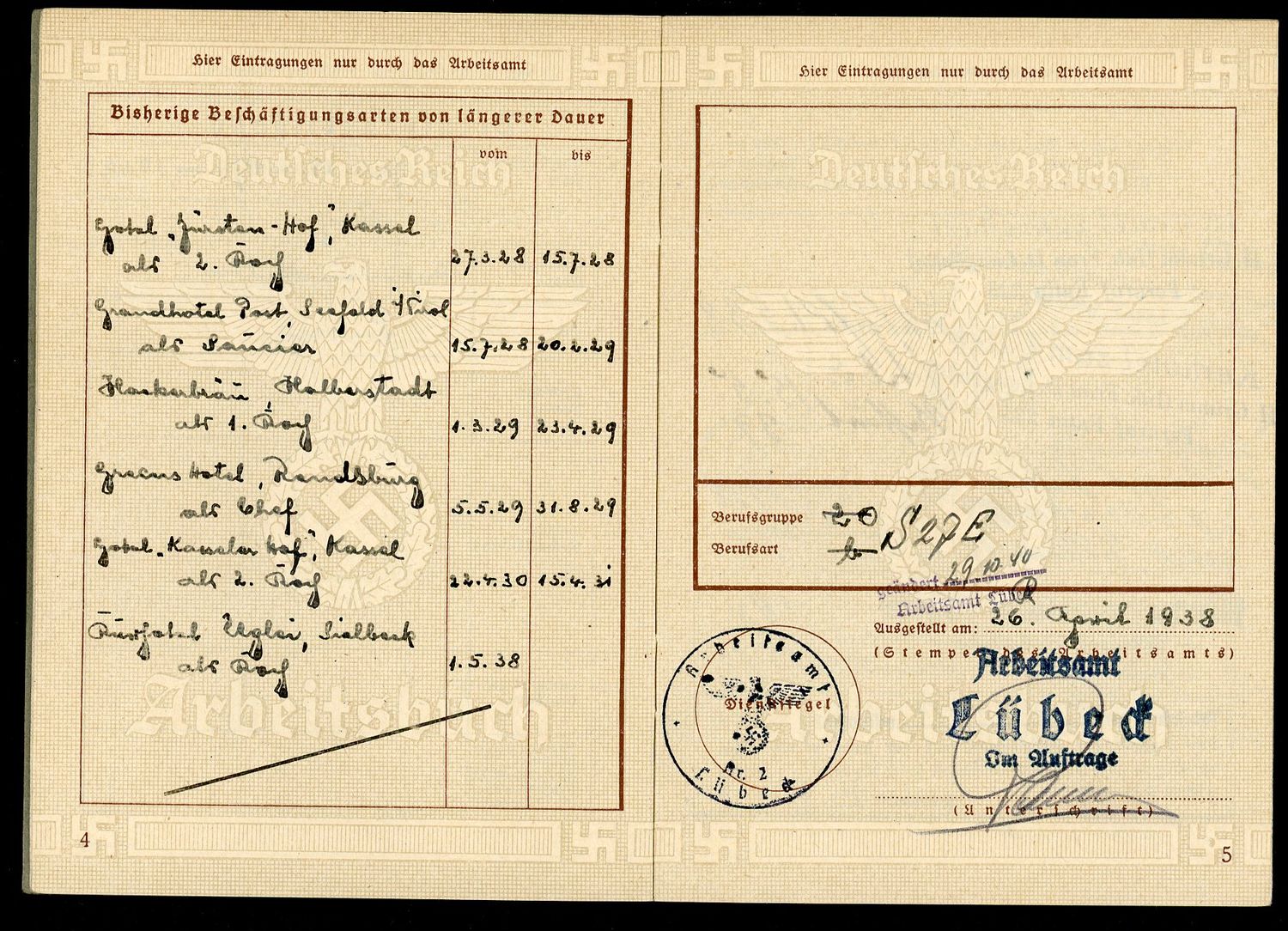 FACEBOOK AUCTION - German Third Reich Arbeitsbuch For Ewald Dietrich, 2nd Pattern - Hotel and Fliegerhorst Jobs WW2
