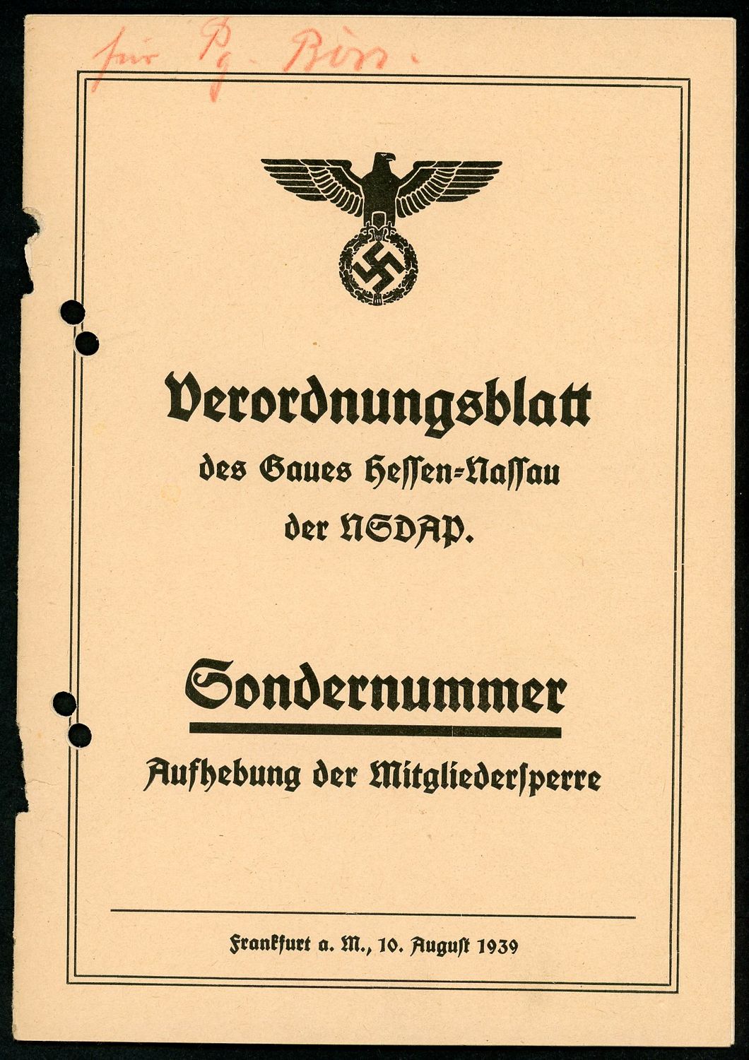 FACEBOOK AUCTION - German NSDAP Verordnungsblatt For Lifting the Ban On Joining The Nazzi Party - Large Eagle Swaz On Cover 1939