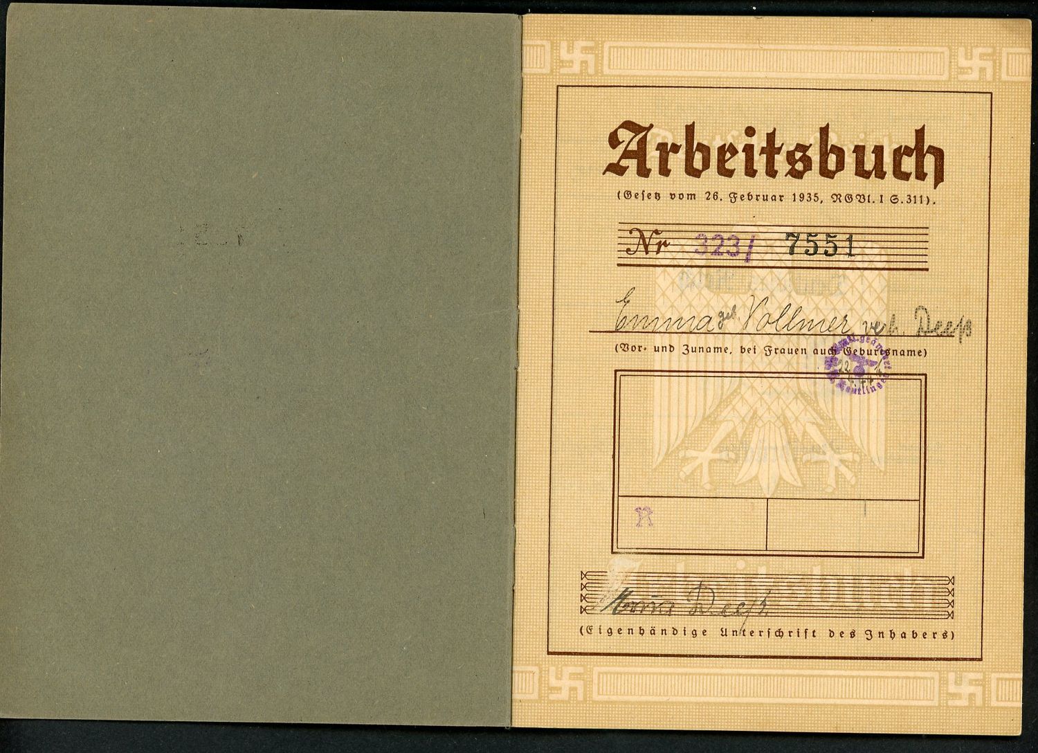 FACEBOOK AUCTION - German Third Reich Arbeitsbuch, Emma Vollmer, Hotel and Farm Work, 1st Pattern *