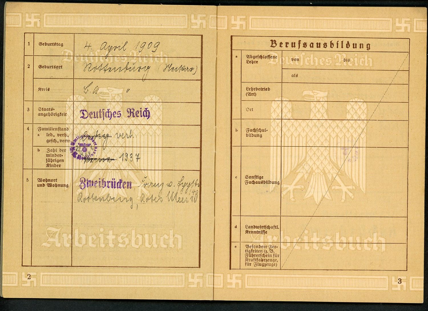 FACEBOOK AUCTION - German Third Reich Arbeitsbuch, Emma Vollmer, Hotel and Farm Work, 1st Pattern *