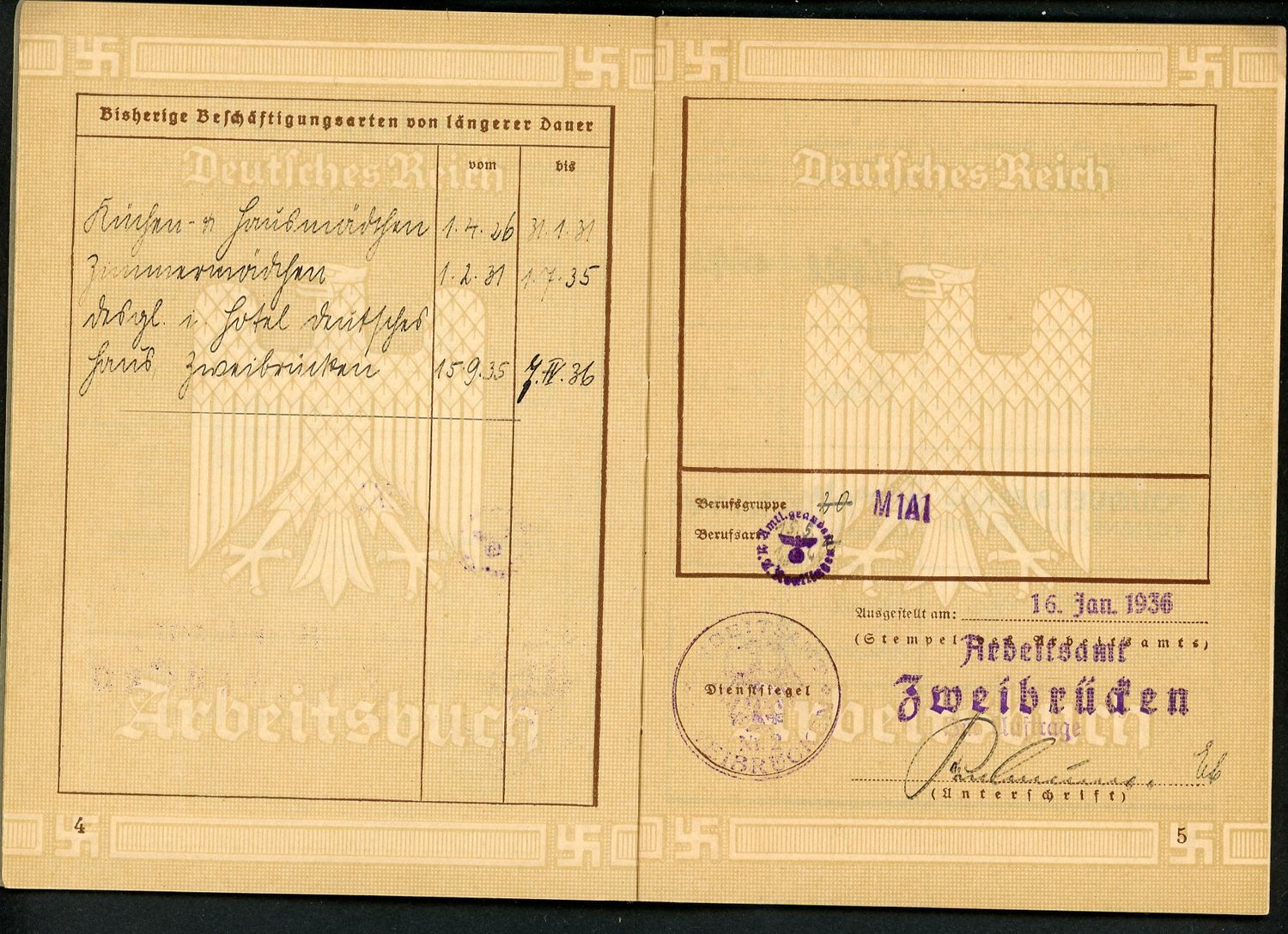 FACEBOOK AUCTION - German Third Reich Arbeitsbuch, Emma Vollmer, Hotel and Farm Work, 1st Pattern *