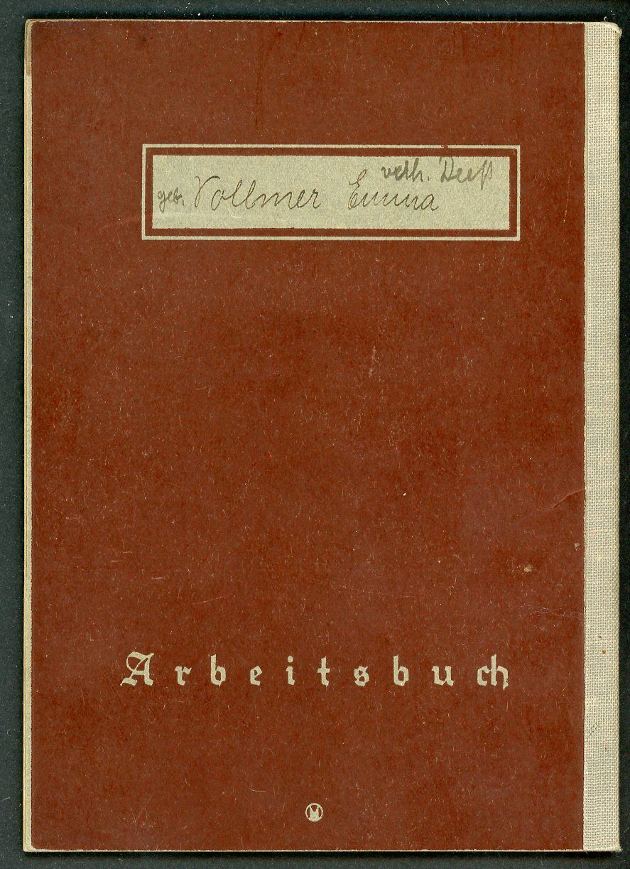 FACEBOOK AUCTION - German Third Reich Arbeitsbuch, Emma Vollmer, Hotel and Farm Work, 1st Pattern *