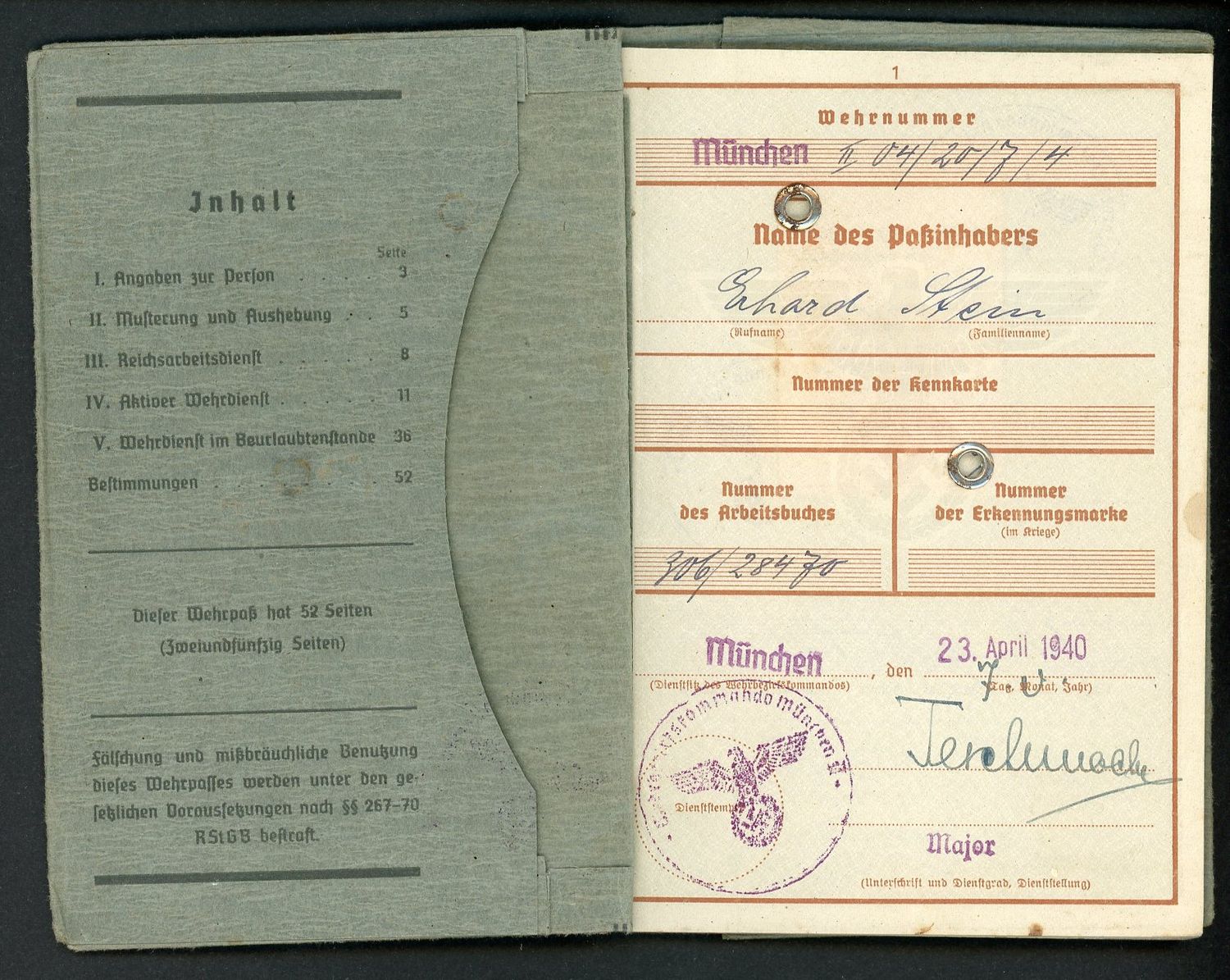 FACEBOOK AUCTION - German WW2 Wehrpass, Erhard Stein, Born in Berchtesgaden, 2nd Pattern 1940 - 1943 * A
