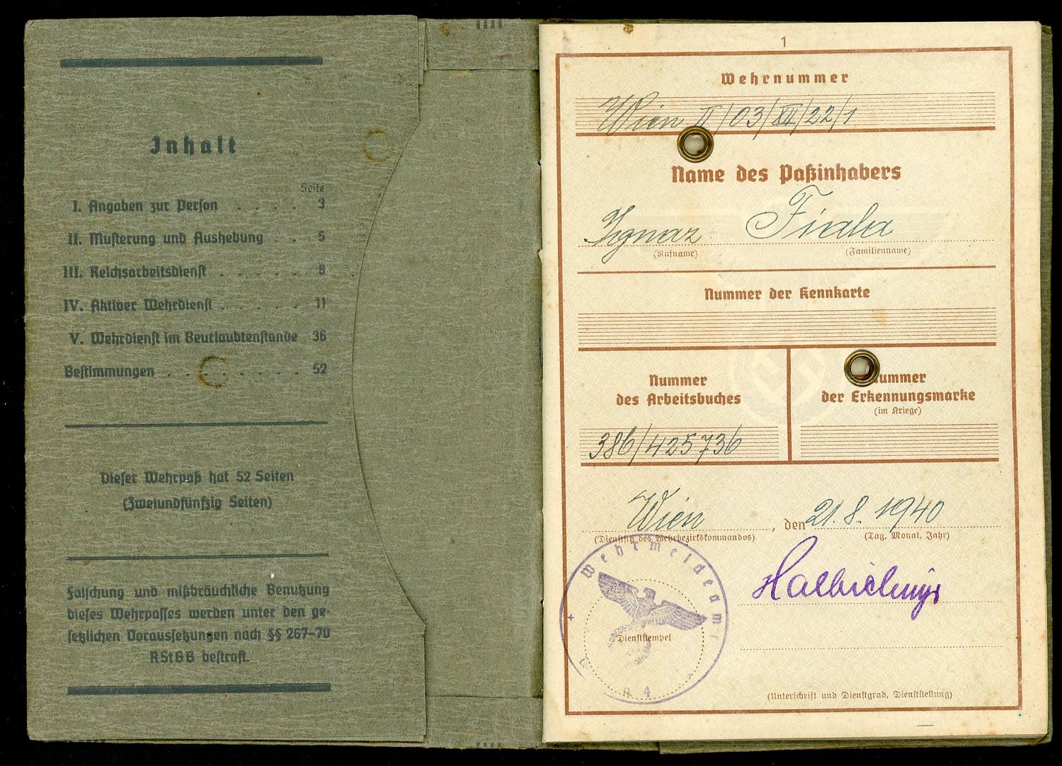 FACEBOOK AUCTION - German WW2 Wehrpass For Austrian Man, 2nd Pattern, 1940, Slovak Last Name * B