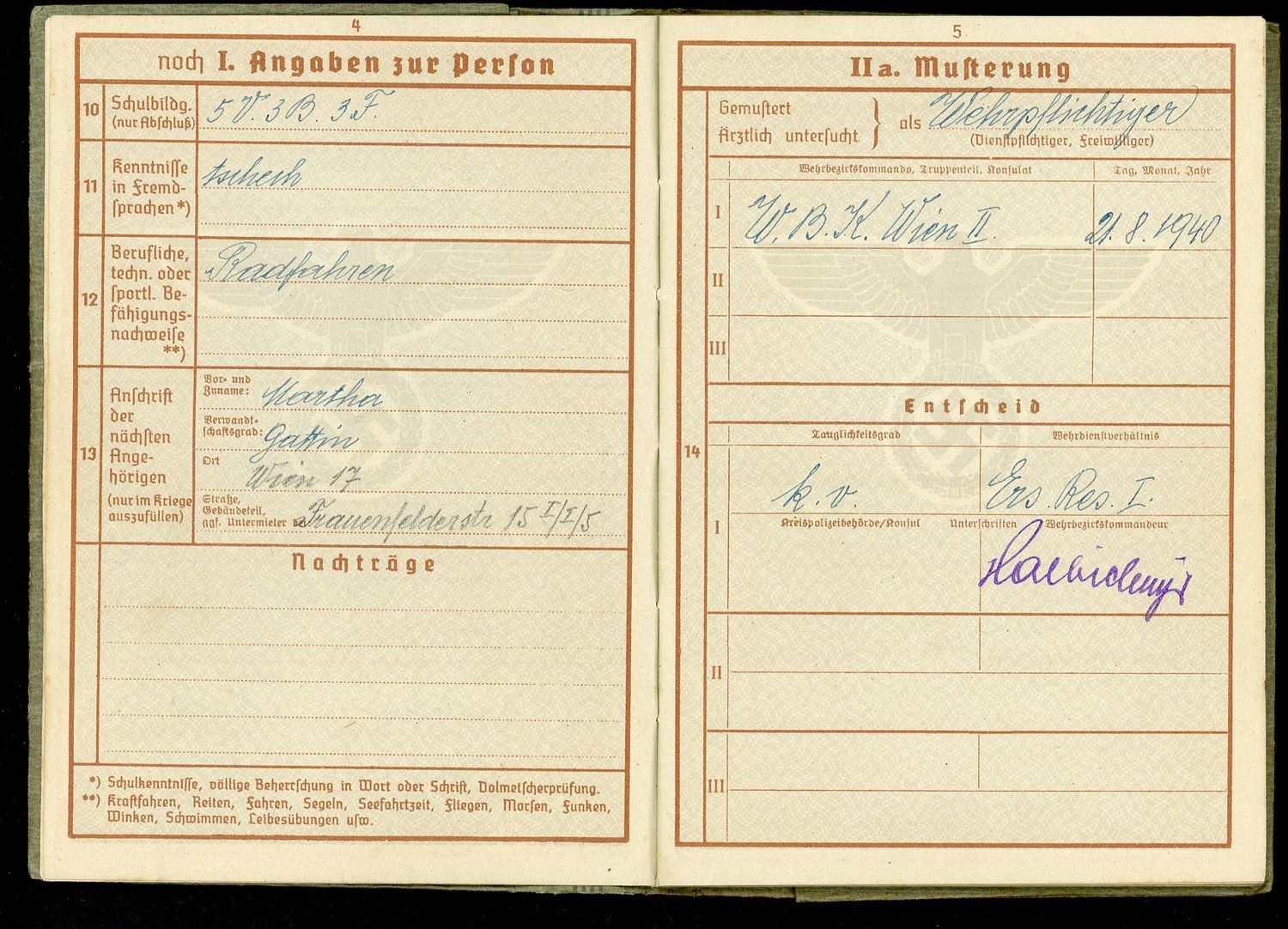 FACEBOOK AUCTION - German WW2 Wehrpass For Austrian Man, 2nd Pattern, 1940, Slovak Last Name * B