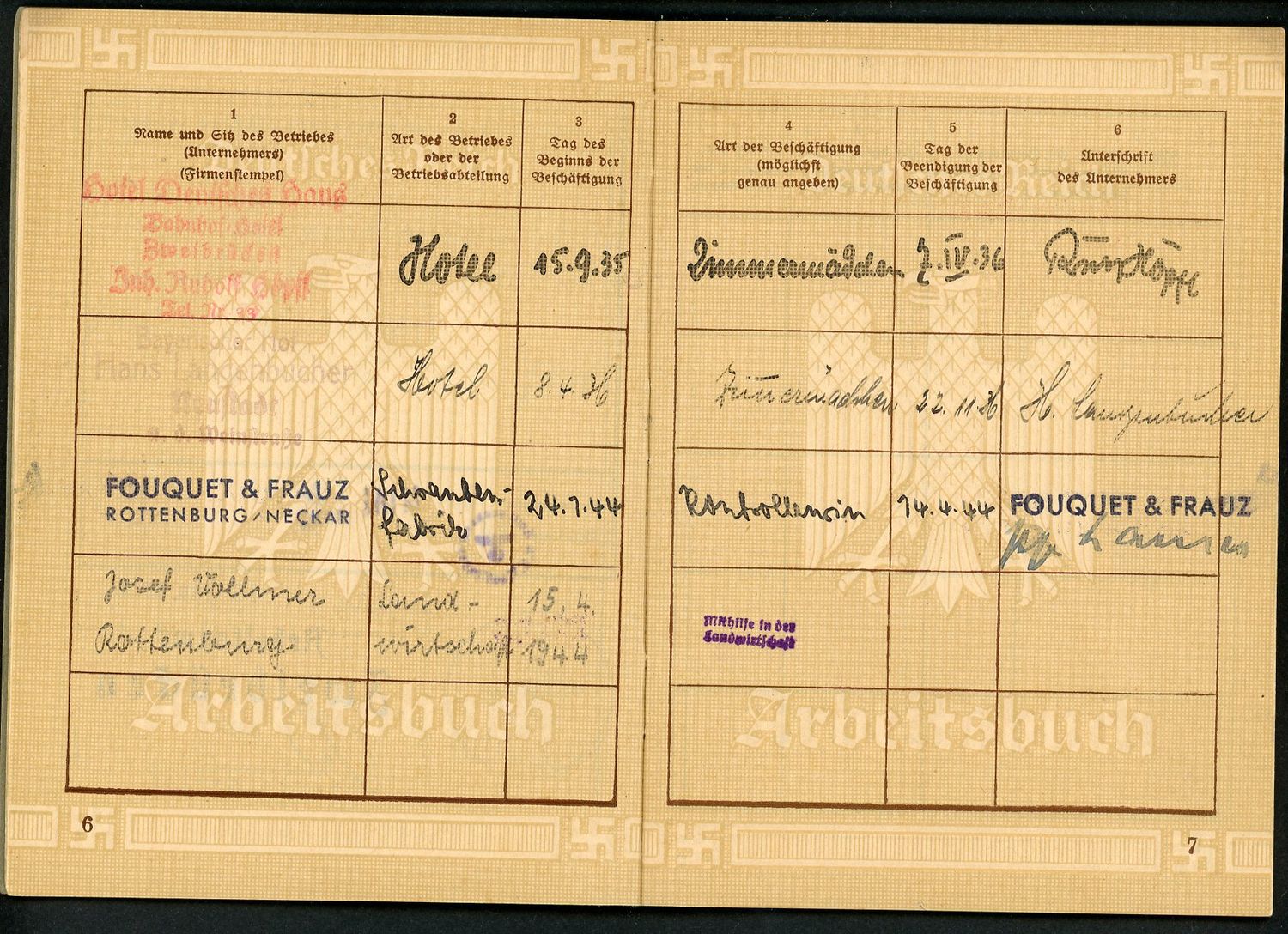 FACEBOOK AUCTION - German Third Reich Arbeitsbuch, Emma Vollmer, Hotel and Farm Work, 1st Pattern *
