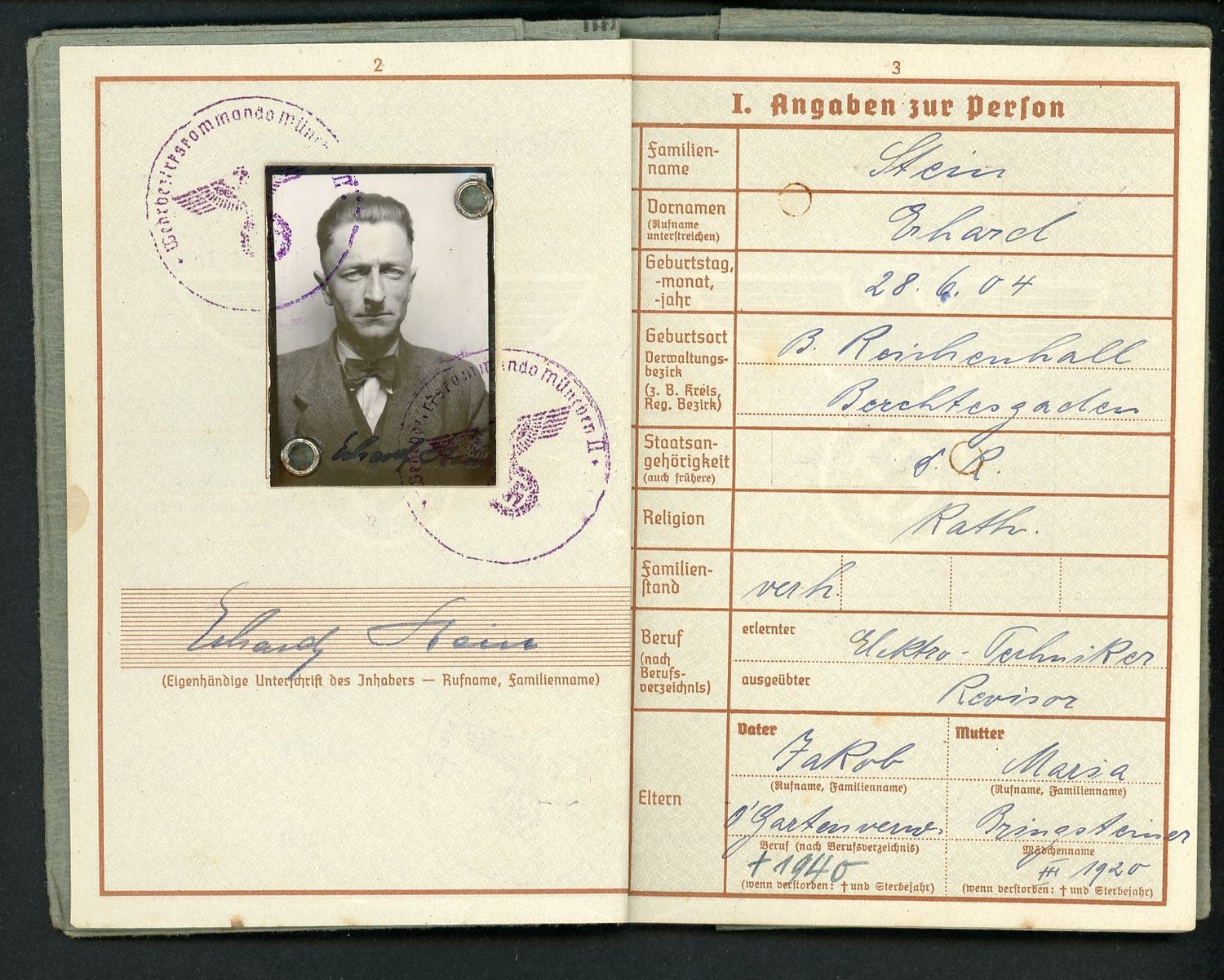 FACEBOOK AUCTION - German WW2 Wehrpass, Erhard Stein, Born in Berchtesgaden, 2nd Pattern 1940 - 1943 * A
