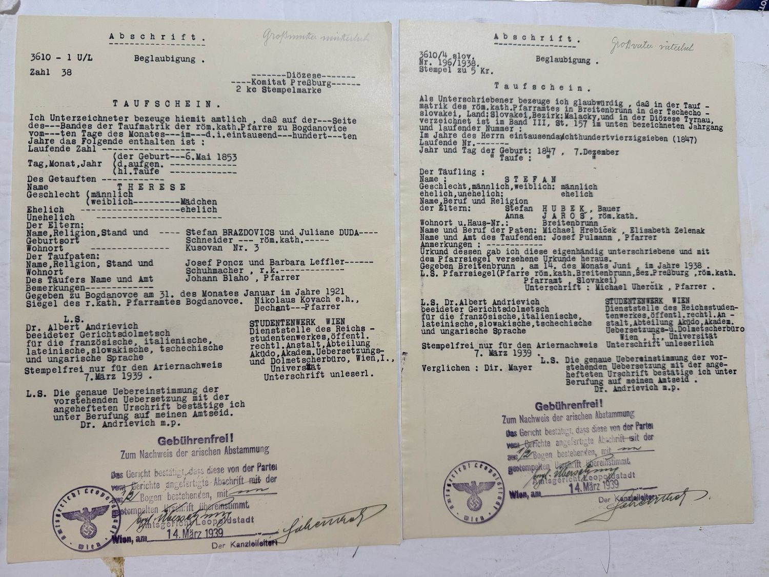 FACEBOOK AUCTION - RARE Lot of 17 German Documents Proving Aryan Blood Ancestry + Rarely Seen Blue Certificate, All From One Family!