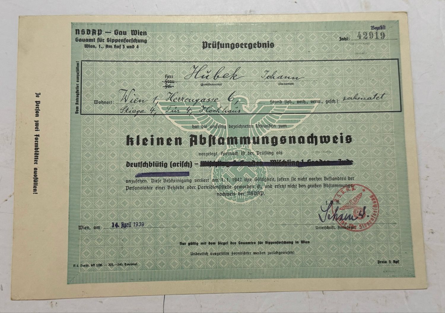 FACEBOOK AUCTION - RARE Lot of 17 German Documents Proving Aryan Blood Ancestry + Rarely Seen Blue Certificate, All From One Family!