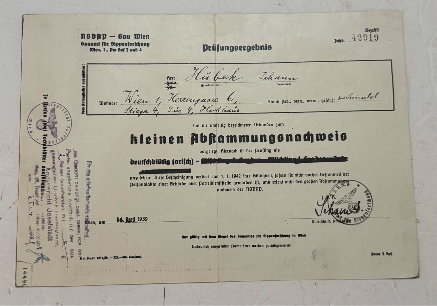 FACEBOOK AUCTION - RARE Lot of 17 German Documents Proving Aryan Blood Ancestry + Rarely Seen Blue Certificate, All From One Family!