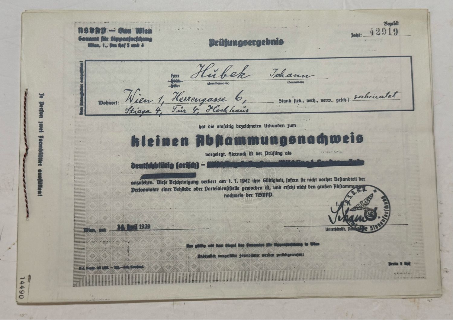FACEBOOK AUCTION - RARE Lot of 17 German Documents Proving Aryan Blood Ancestry + Rarely Seen Blue Certificate, All From One Family!