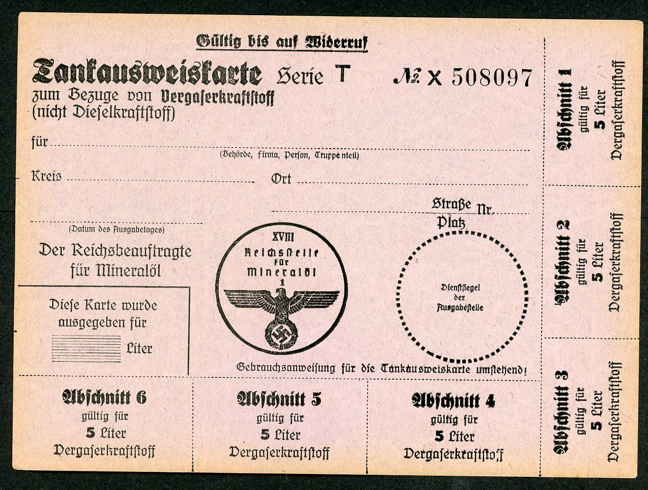 FACEBOOK AUCTION - RARE German WW2 Diesel Fuel Ration Card Never Used, Complete!