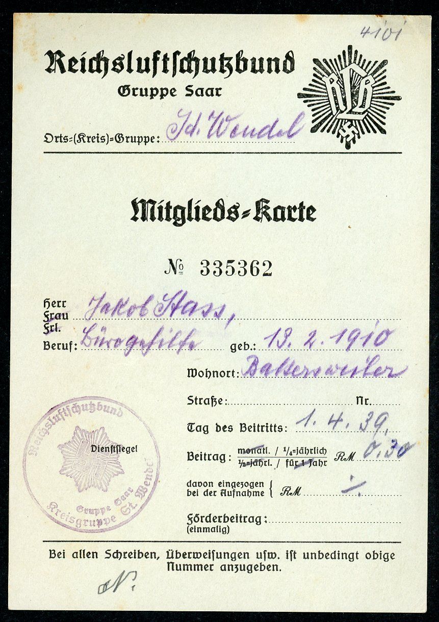 FACEBOOK AUCTION - German RLB Reichs Luftschutz Bund Gruppe SAAR Membership Card 1939 RLB Logo, Swaz