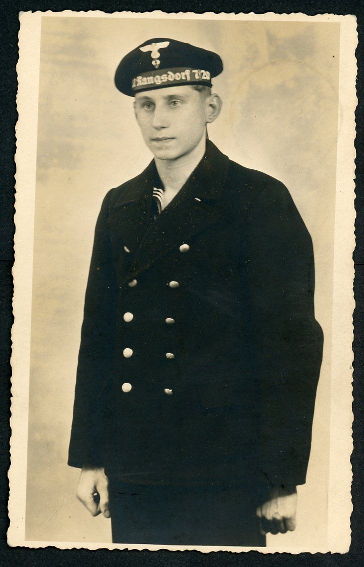 Z FACEBOOK AUCTION - German Marine H!tler Youth Portrait Photo Young Man in Sailor Uniform, Donald Duck Hat w/ HJ Badge and Cap Tally
