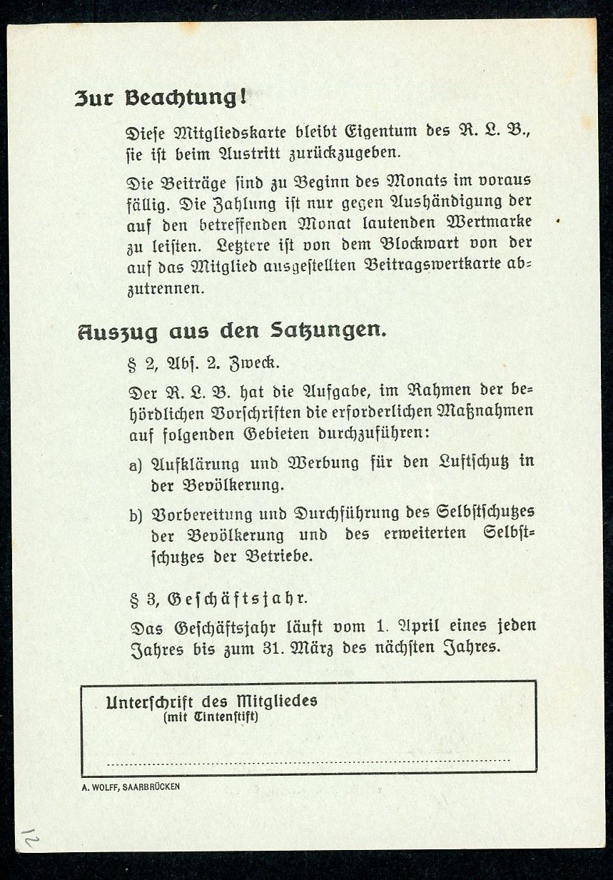 FACEBOOK AUCTION - German RLB Reichs Luftschutz Bund Gruppe SAAR Membership Card 1939 RLB Logo, Swaz