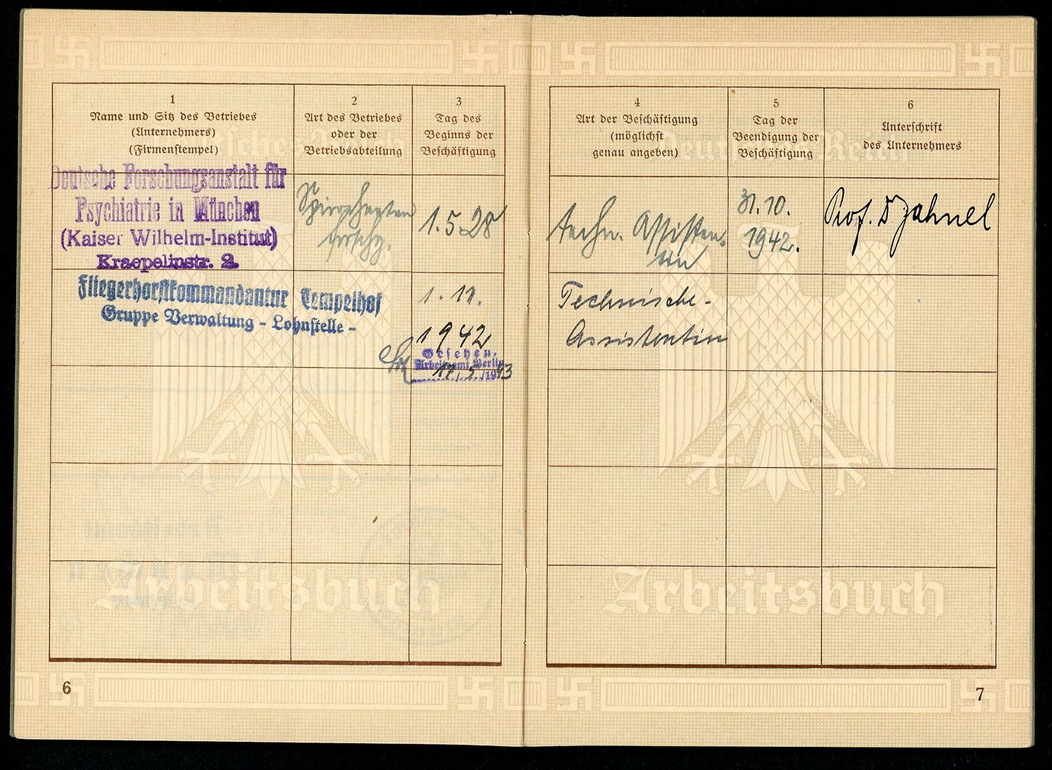 FACEBOOK AUCTION - German WW2 Arbeitsbuch - Worked At Psychiatry Section Kaiser Wilhelm Institute + Fliegerhorst Tempelhof