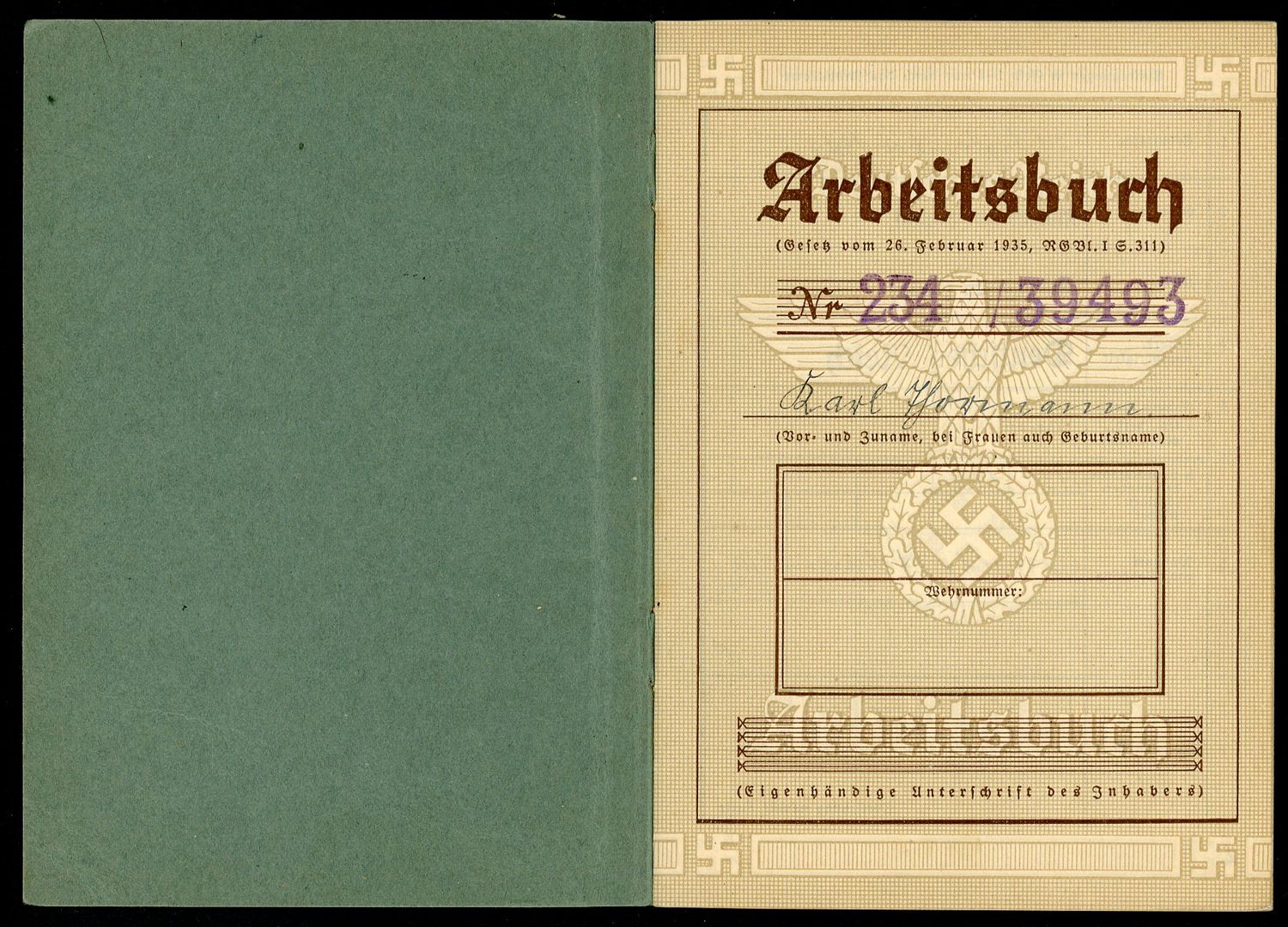 German Third Reich Arbeitsbuch For Karl Hormann, Self Employed, 2nd Pattern *