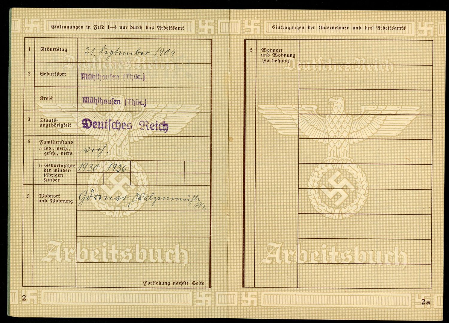German Third Reich Arbeitsbuch For Karl Hormann, Self Employed, 2nd Pattern *