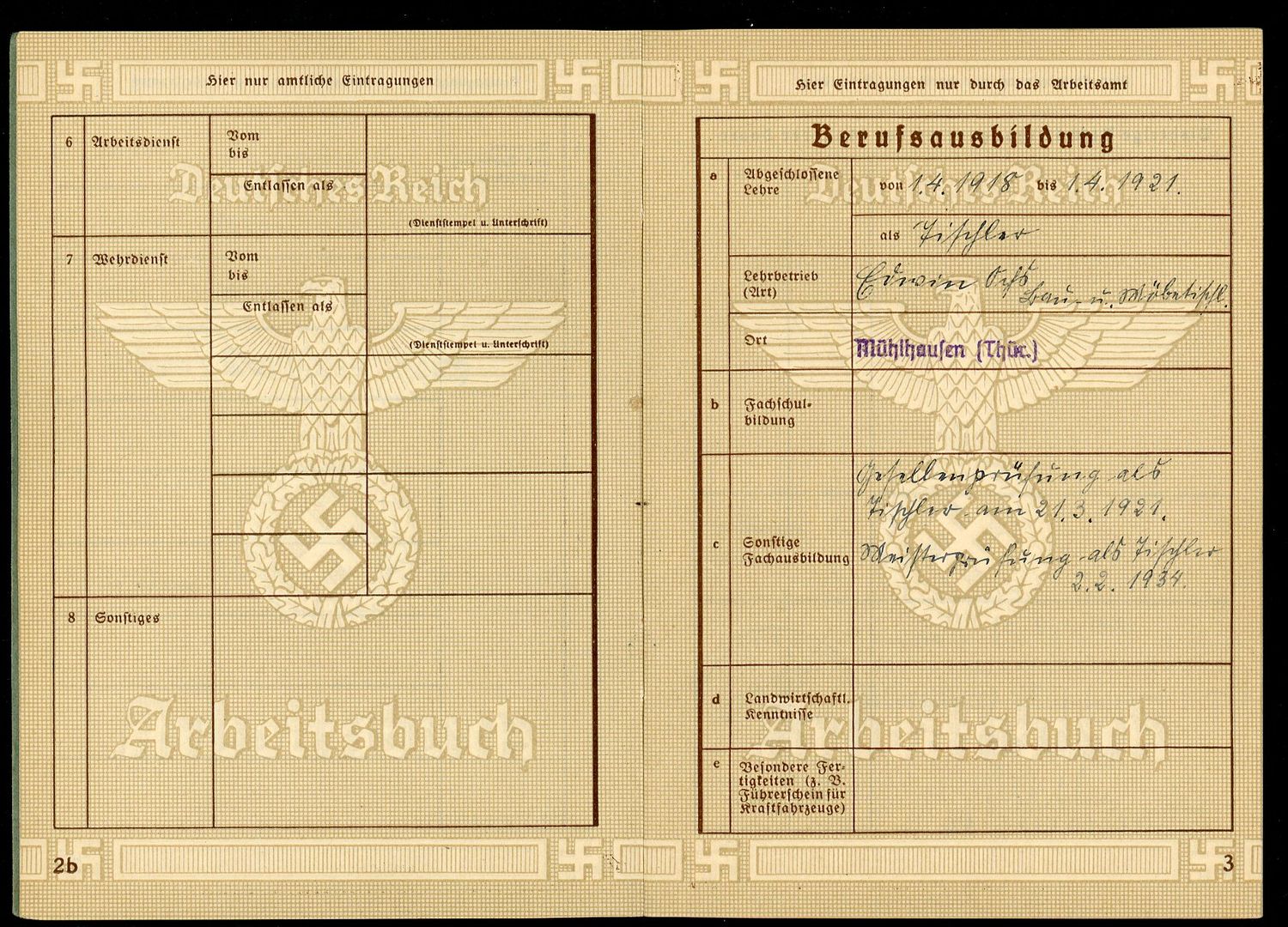 German Third Reich Arbeitsbuch For Karl Hormann, Self Employed, 2nd Pattern *