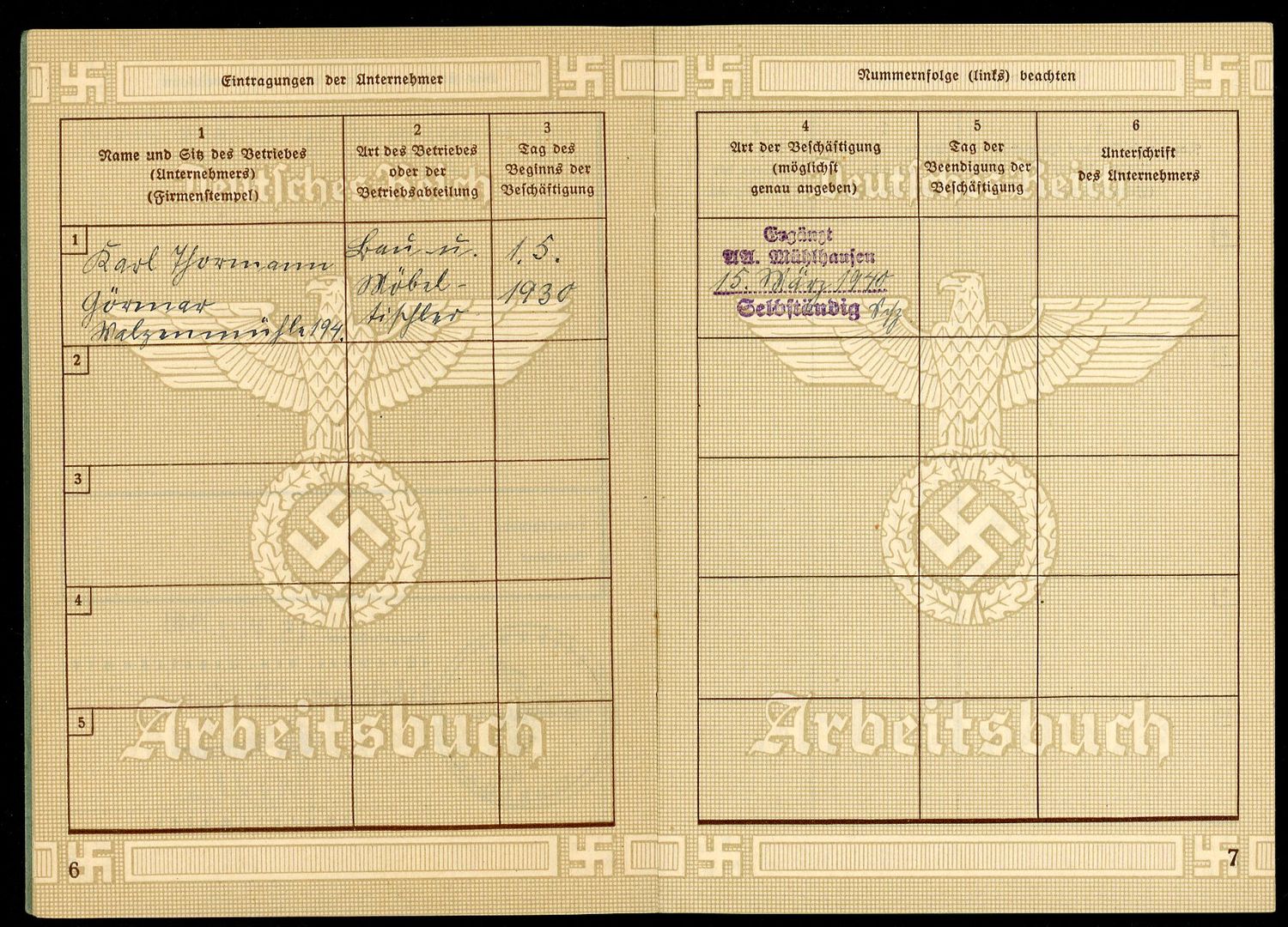 German Third Reich Arbeitsbuch For Karl Hormann, Self Employed, 2nd Pattern *