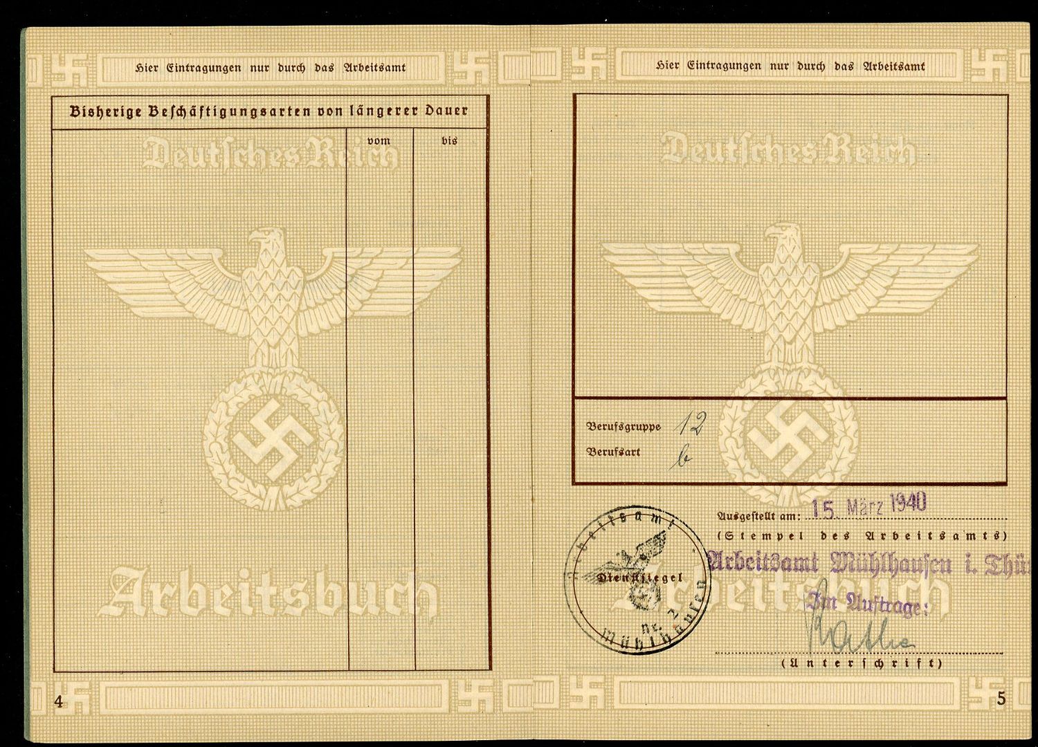 German Third Reich Arbeitsbuch For Karl Hormann, Self Employed, 2nd Pattern *