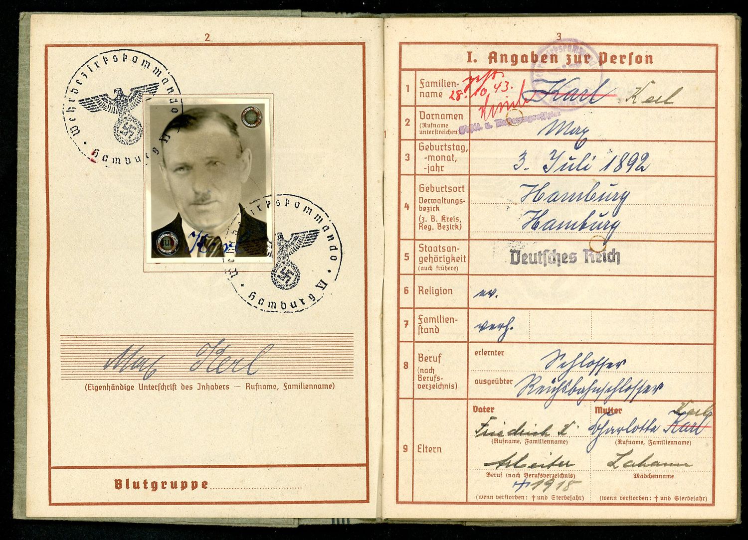FACEBOOK AUCTION - German WW2 Wehrpass Mid War 1943, Karl Merz From Hamburg * A