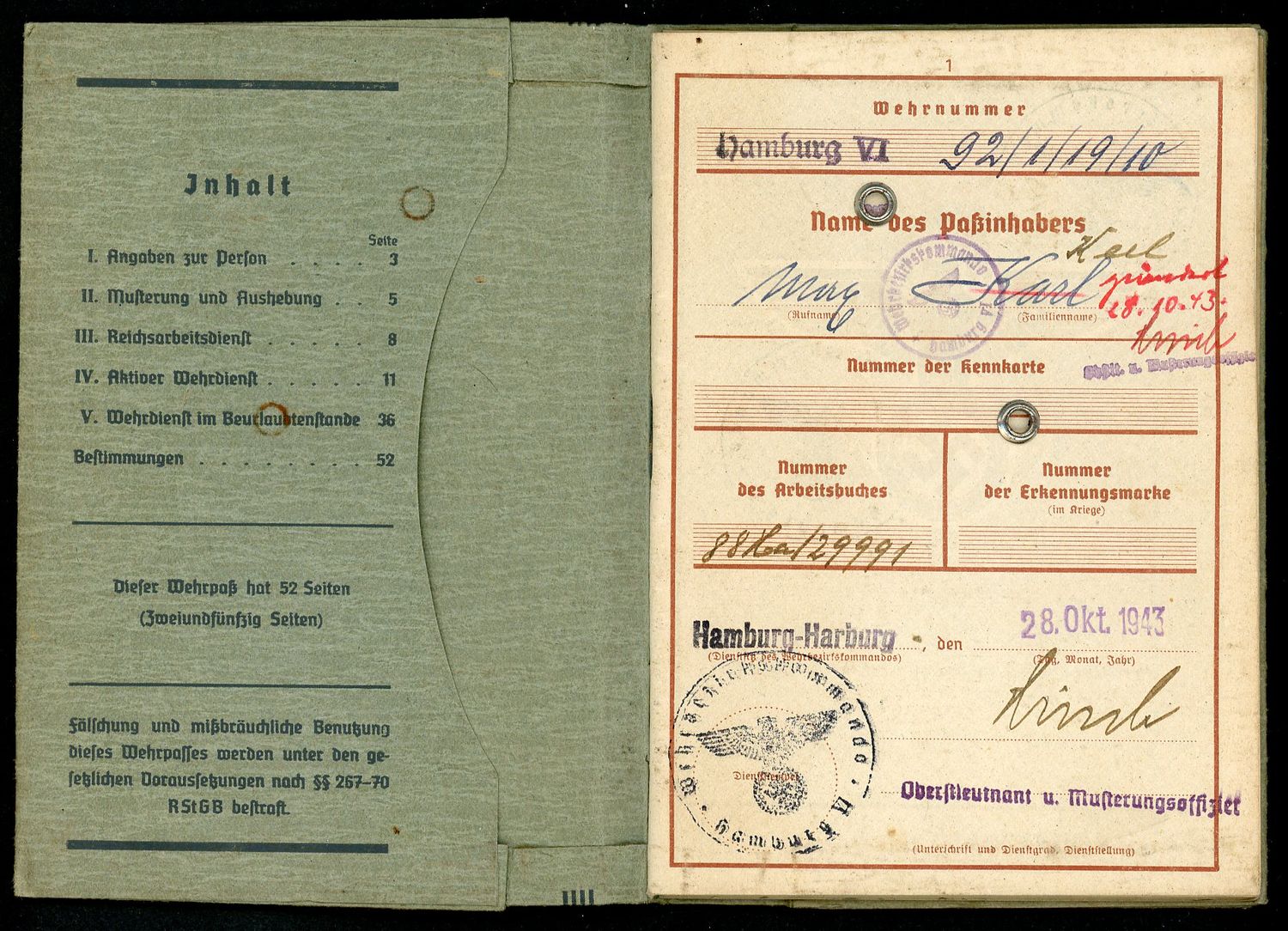FACEBOOK AUCTION - German WW2 Wehrpass Mid War 1943, Karl Merz From Hamburg * A