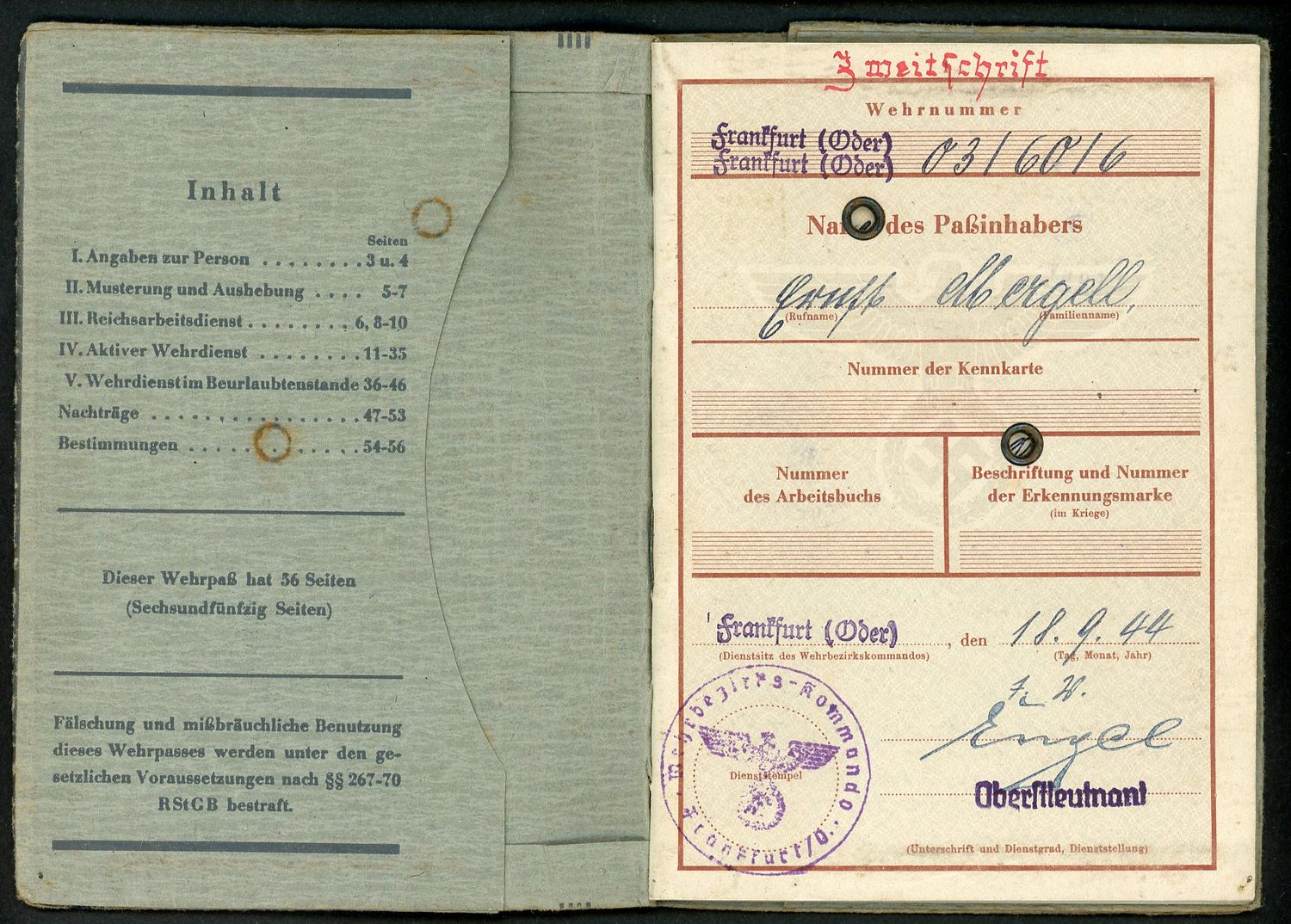 FACEBOOK AUCTION - German WW2 Wehrpass, Late War 1944, Ernst Mergell From Dortmund  * B