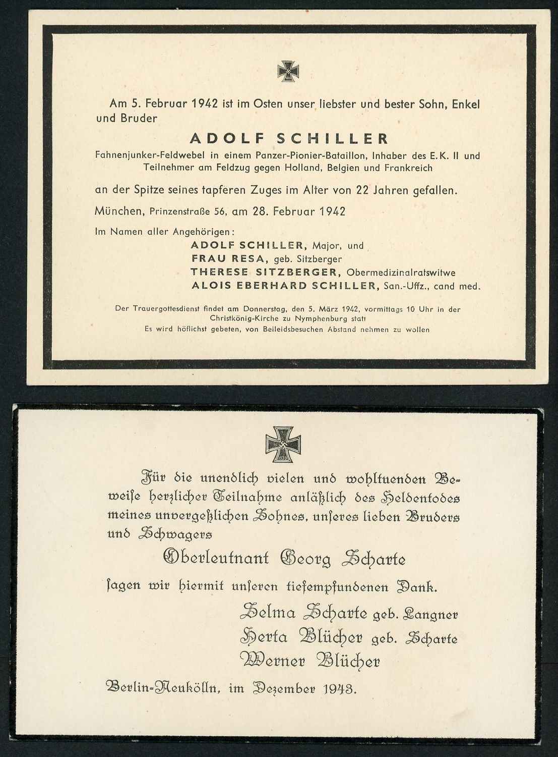 FACEBOOK AUCTION - Lot of 2 German WW2 Death Cards: Panzer Pionier and Oberleutnant Officer 1942, 1943 *