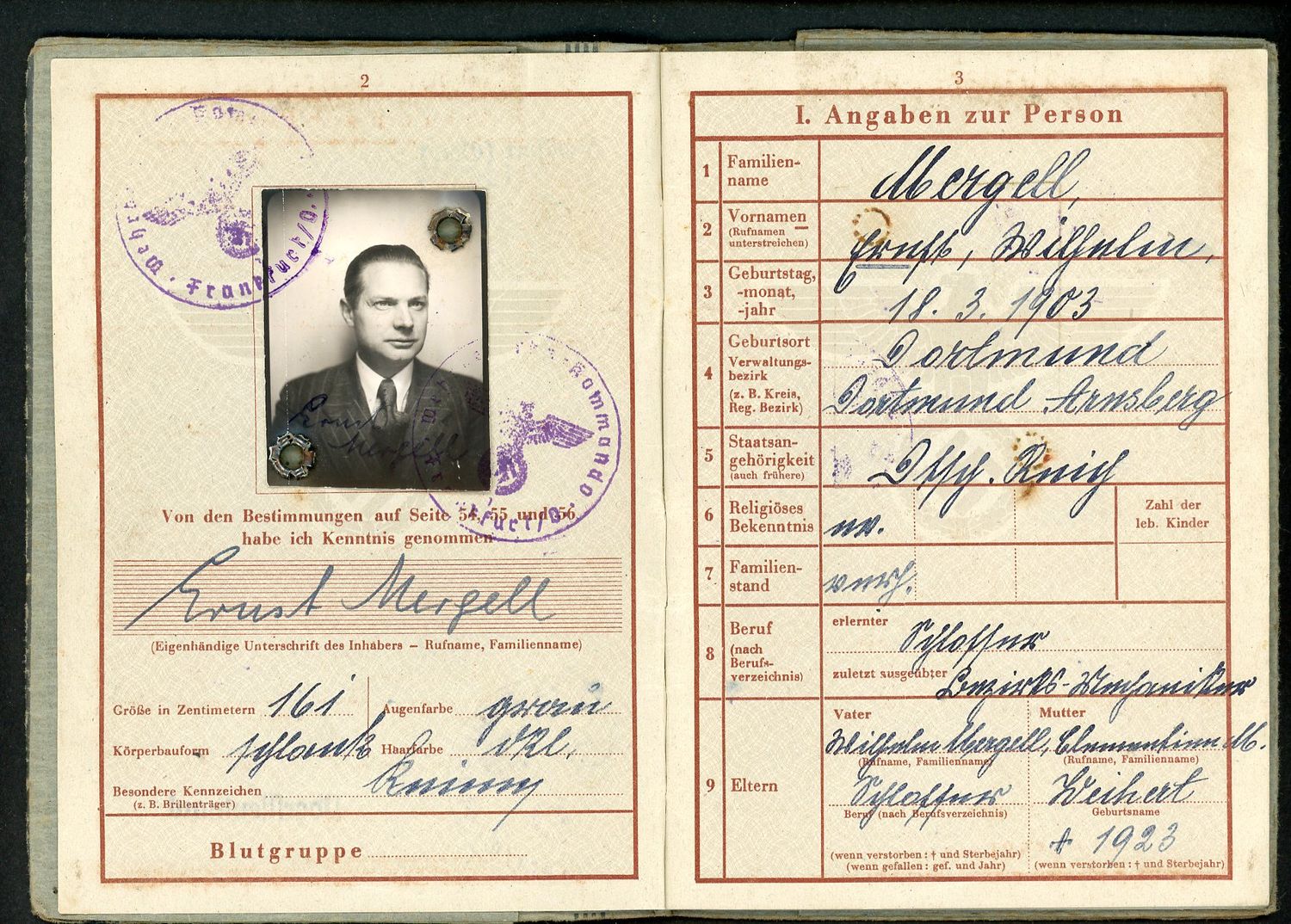FACEBOOK AUCTION - German WW2 Wehrpass, Late War 1944, Ernst Mergell From Dortmund  * B