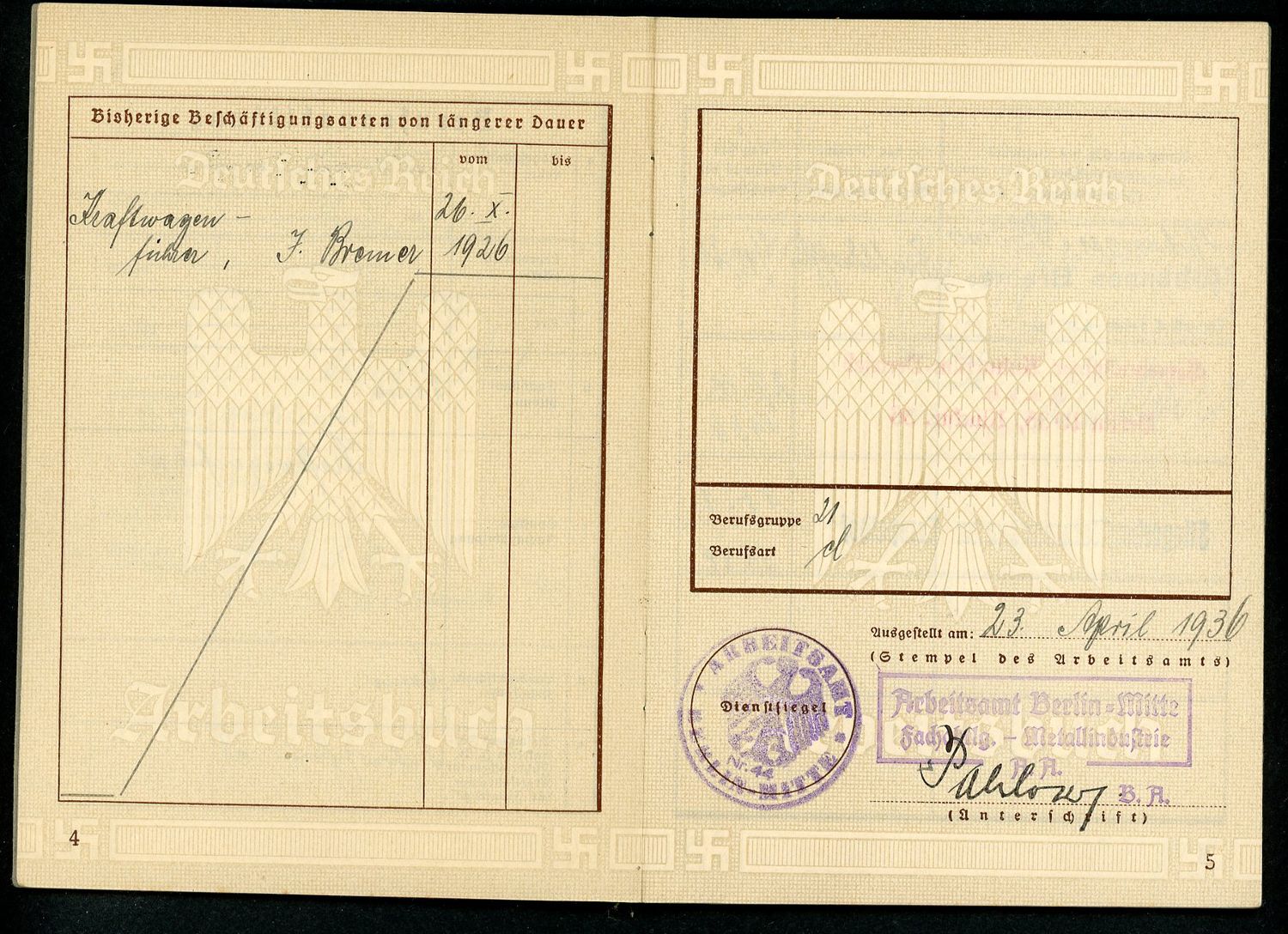 Z FACEBOOK AUCTION - German Third Reich Arbeitsbuch For Otto Ullrich, Truck Driver, Luftschutz Service, 1st Pattern