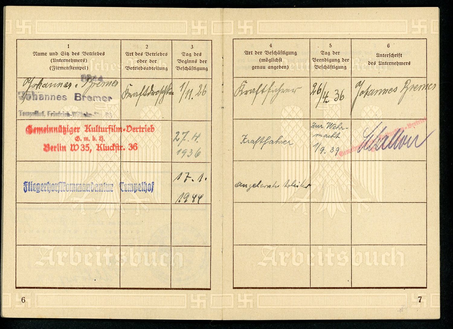 Z FACEBOOK AUCTION - German Third Reich Arbeitsbuch For Otto Ullrich, Truck Driver, Luftschutz Service, 1st Pattern