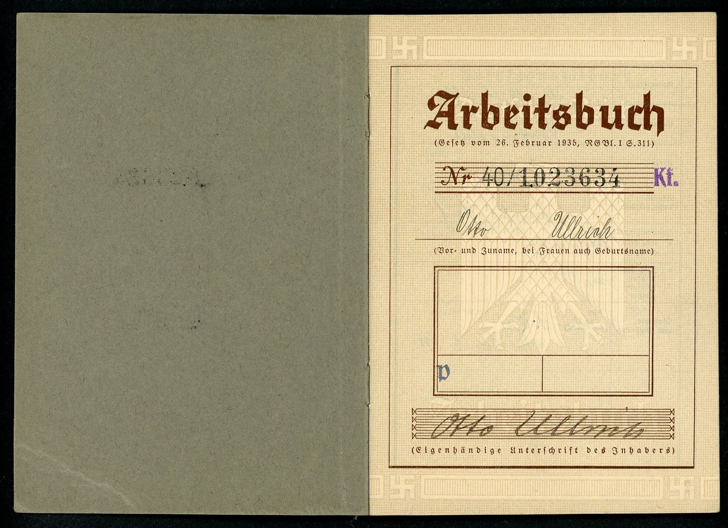 Z FACEBOOK AUCTION - German Third Reich Arbeitsbuch For Otto Ullrich, Truck Driver, Luftschutz Service, 1st Pattern