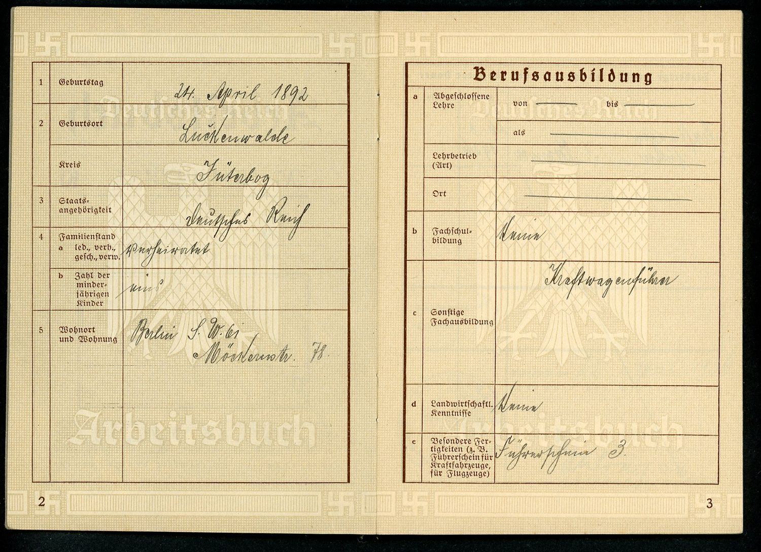 Z FACEBOOK AUCTION - German Third Reich Arbeitsbuch For Otto Ullrich, Truck Driver, Luftschutz Service, 1st Pattern