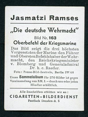 Z FACEBOOK AUCTION - Die Deutsche Wehrmacht Cigarette Card w/ Adolf, General Blomberg and Admiral Raeder