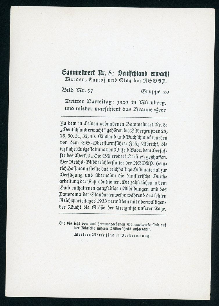 Z FACEBOOK AUCTION - Deutschland Erwacht Photo of Adolf H!tler In Nurnberg 1929 + Julius Streicher Large Size Cigarette Album Image
