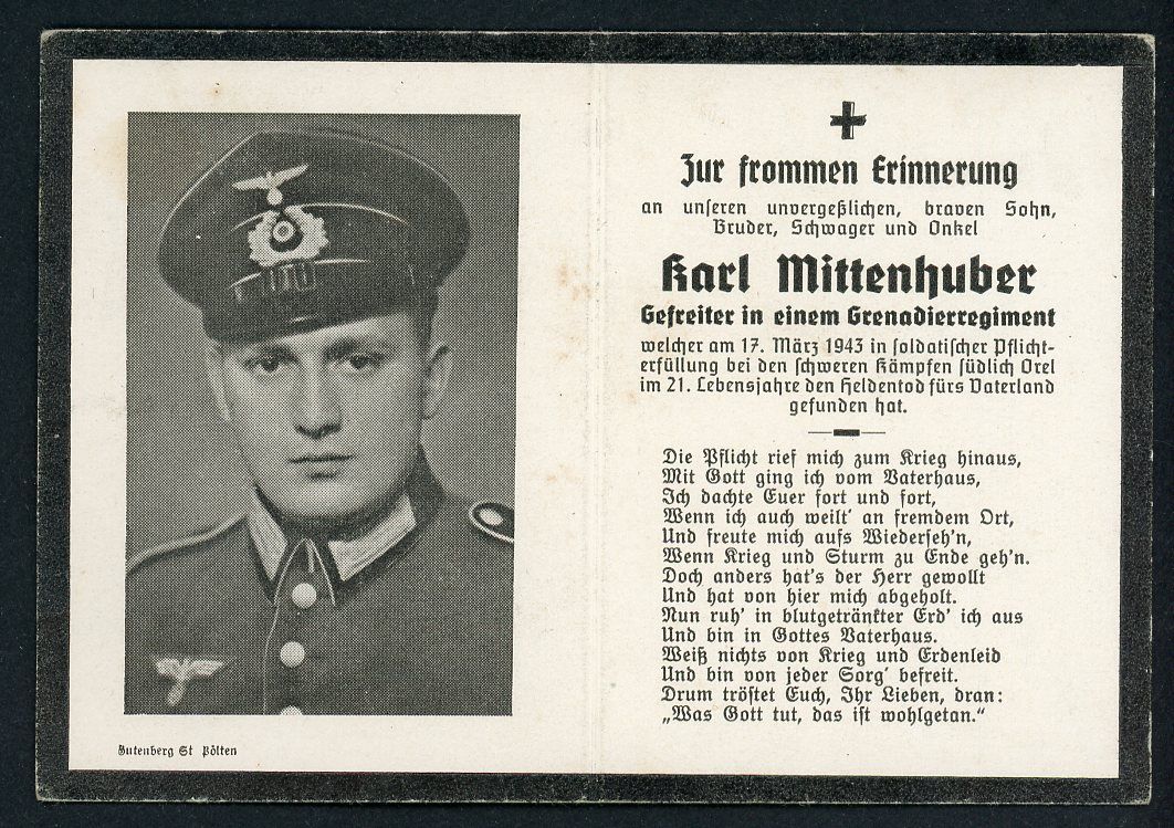 Z FACEBOOK AUCTION - German WW2 Death Card Sterbebild For Grenadier Soldier Karl Mittenhuber KIA 1943 Orel Russia