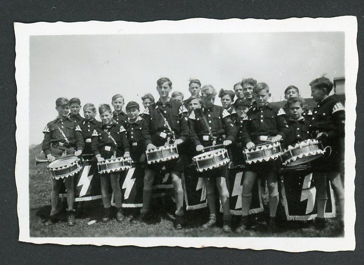 Z FACEBOOK AUCTION - German Photo Deutsche Jungvolk DJ HJ Boys with Marching Drums, Fringed &quot;S&quot; Rune Flags and Musician Wings on Uniforms
