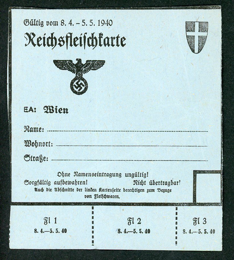 Z FACEBOOK AUCTION - German WW2 Reichsfleischkarte Meat Ration Card Vienna Austria 1940