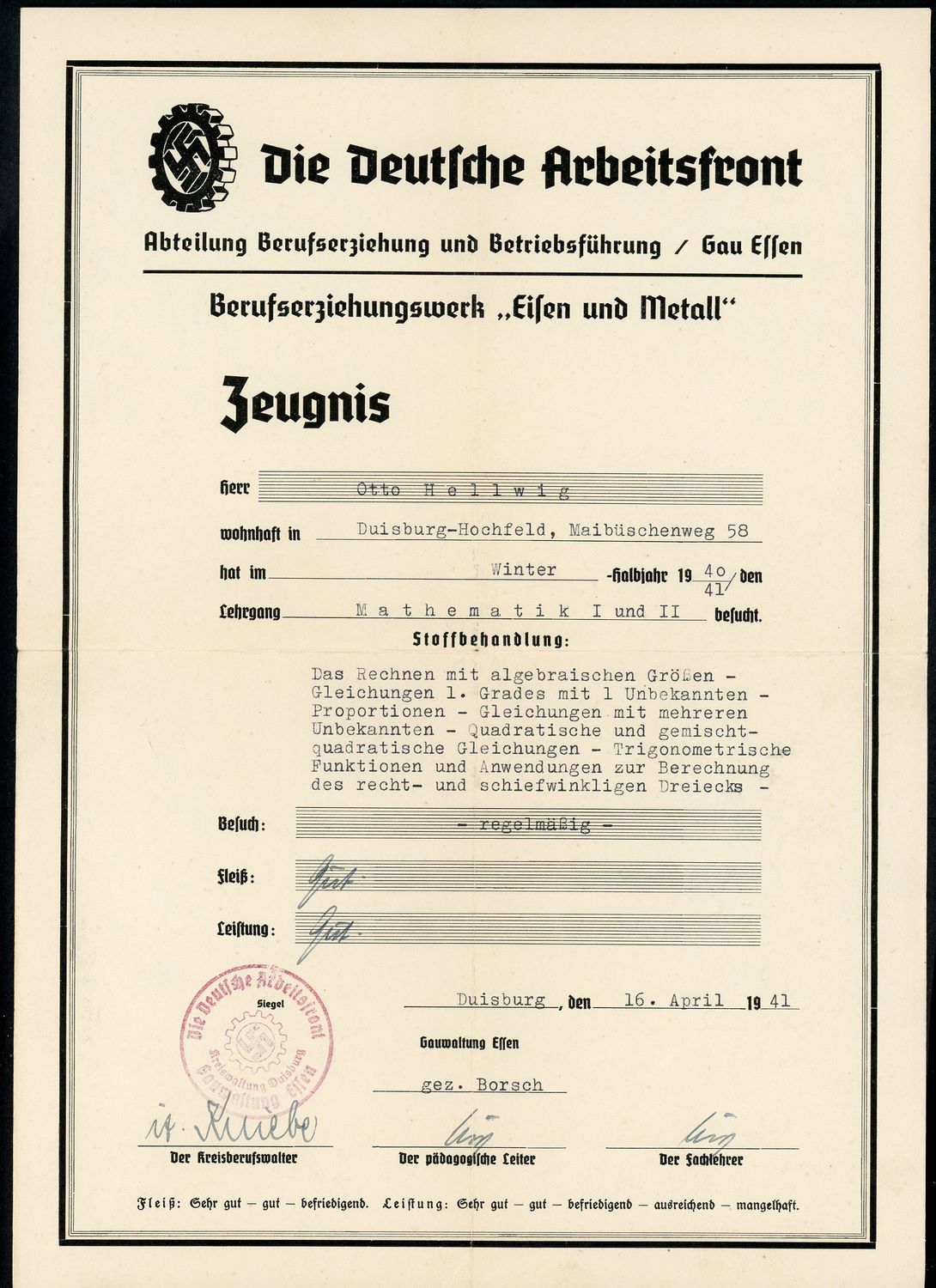 FACEBOOK AUCTION - 3rd Reich DAF Deutsche Arbeitsfront Award Document for Iron and Metal Vocational Training, 1941