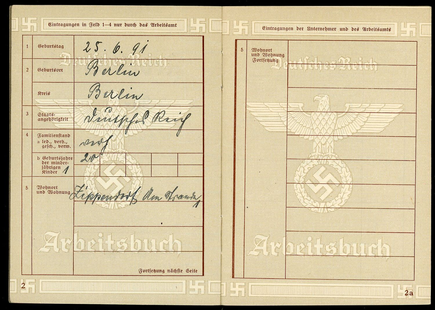 FACEBOOK AUCTION - German WW2 Arbeitsbuch 2nd Pattern For Max Kirsh 1940 - 1941