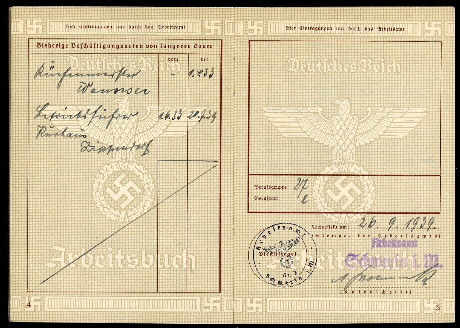 FACEBOOK AUCTION - German WW2 Arbeitsbuch 2nd Pattern For Max Kirsh 1940 - 1941