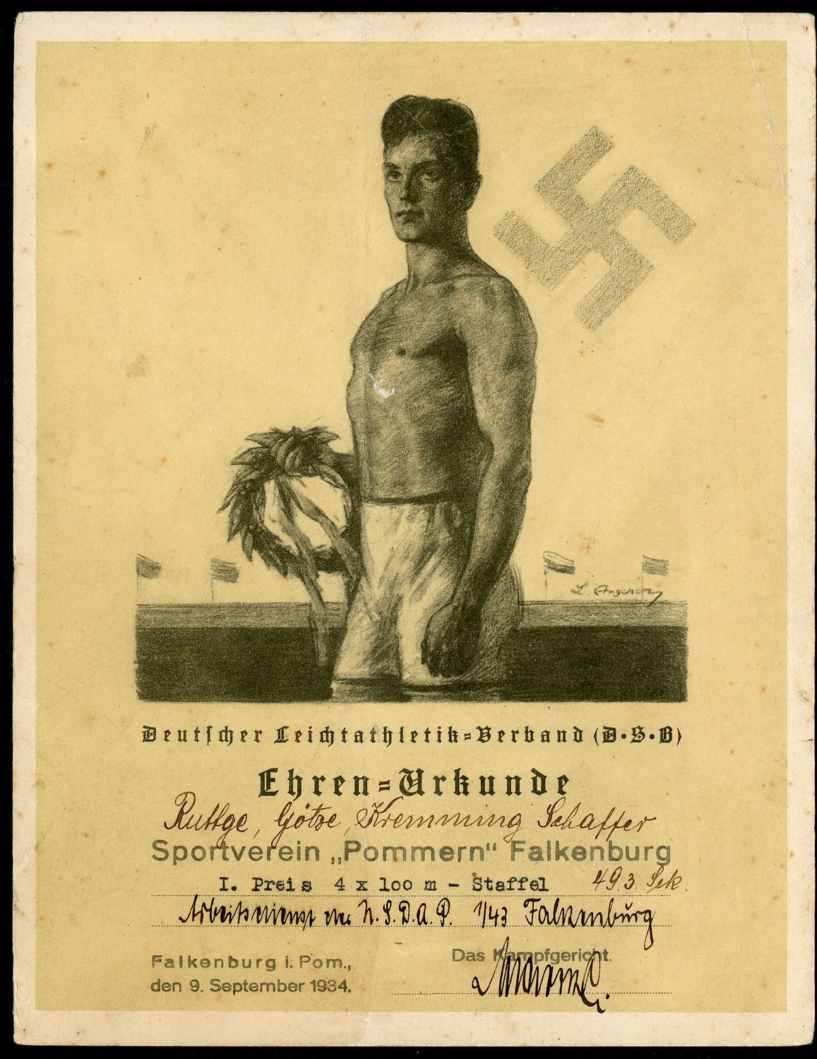 FACEBOOK AUCTION - German 3rd Reich Athletics Association Ehren Urkunde For 4x100 Relay Race September 1934, Large Swaz